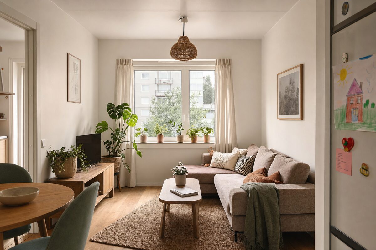 Intérieur chaleureux d'un logement social, sentiment de foyer et de protection